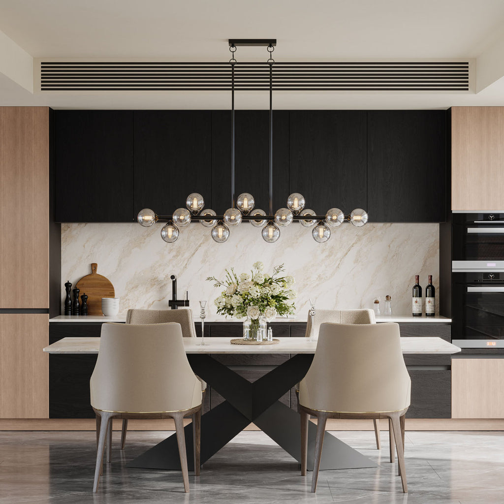 Orbit 54-inch linear island chandelier, rectangular sputnik light fixture with adjustable downrods