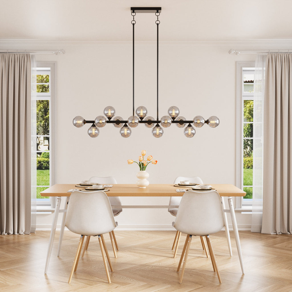 Black linear sputnik chandelier with staggered smoky glass globes, dimmable with G9 LED bulbs