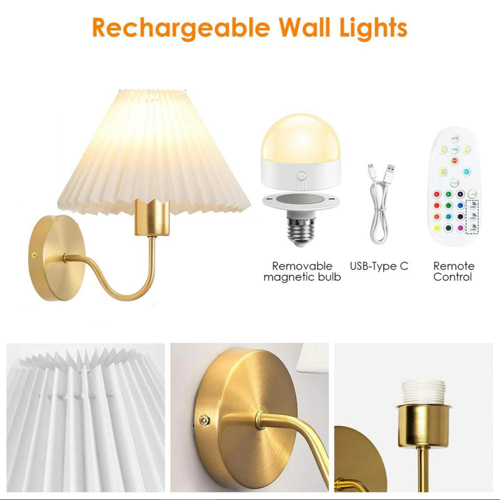 Pleated Shade Wireless Wall Sconce Set of 2 – Rechargeable, Remote Control & Dimmable