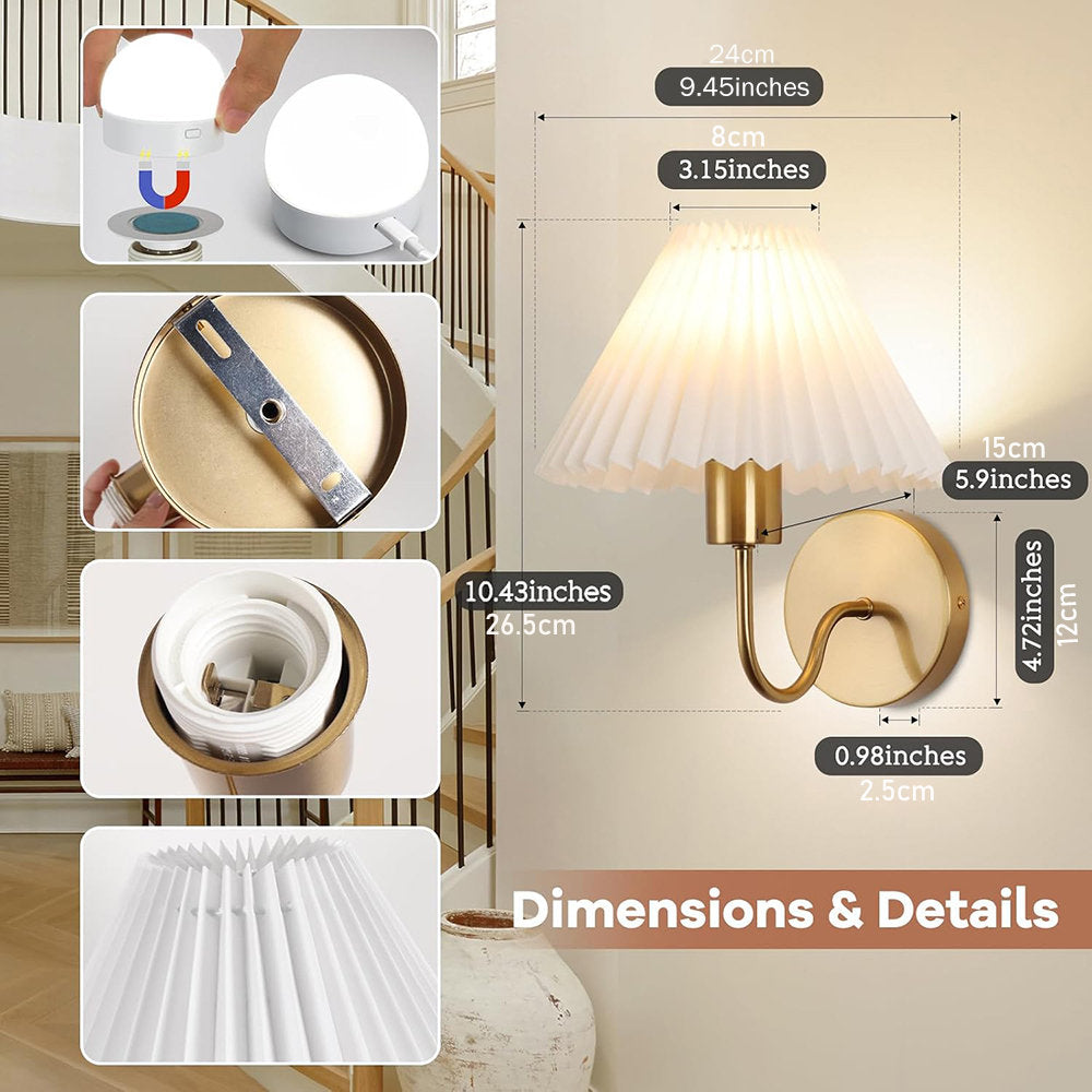 Pleated Shade Wireless Wall Sconce Set of 2 – Rechargeable, Remote Control & Dimmable
