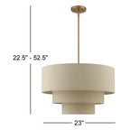 Strata tiered drum chandelier dimensions: 23 inches wide, adjustable height 22.5 to 52.5 inches