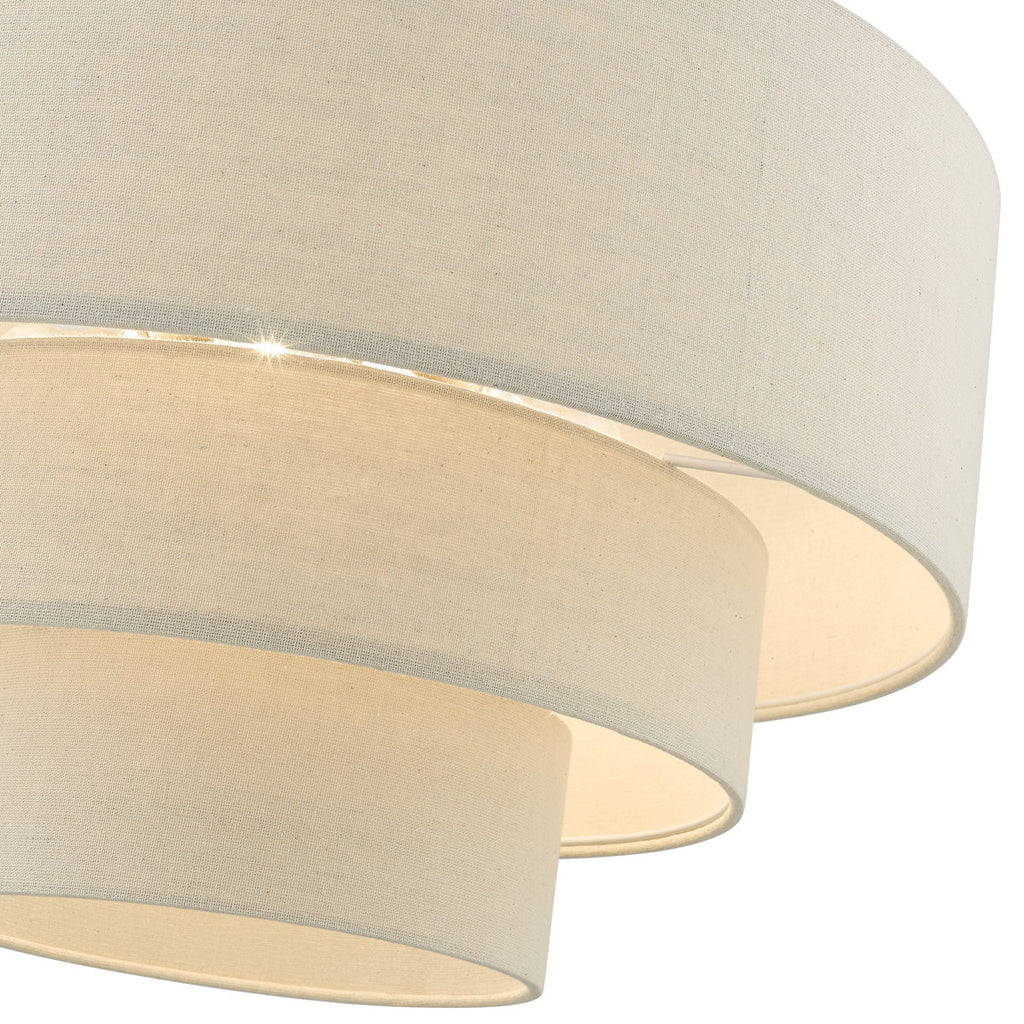 Dimmable 4-light drum chandelier with three beige fabric tiers and antique gold finish