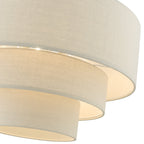Dimmable 4-light drum chandelier with three beige fabric tiers and antique gold finish