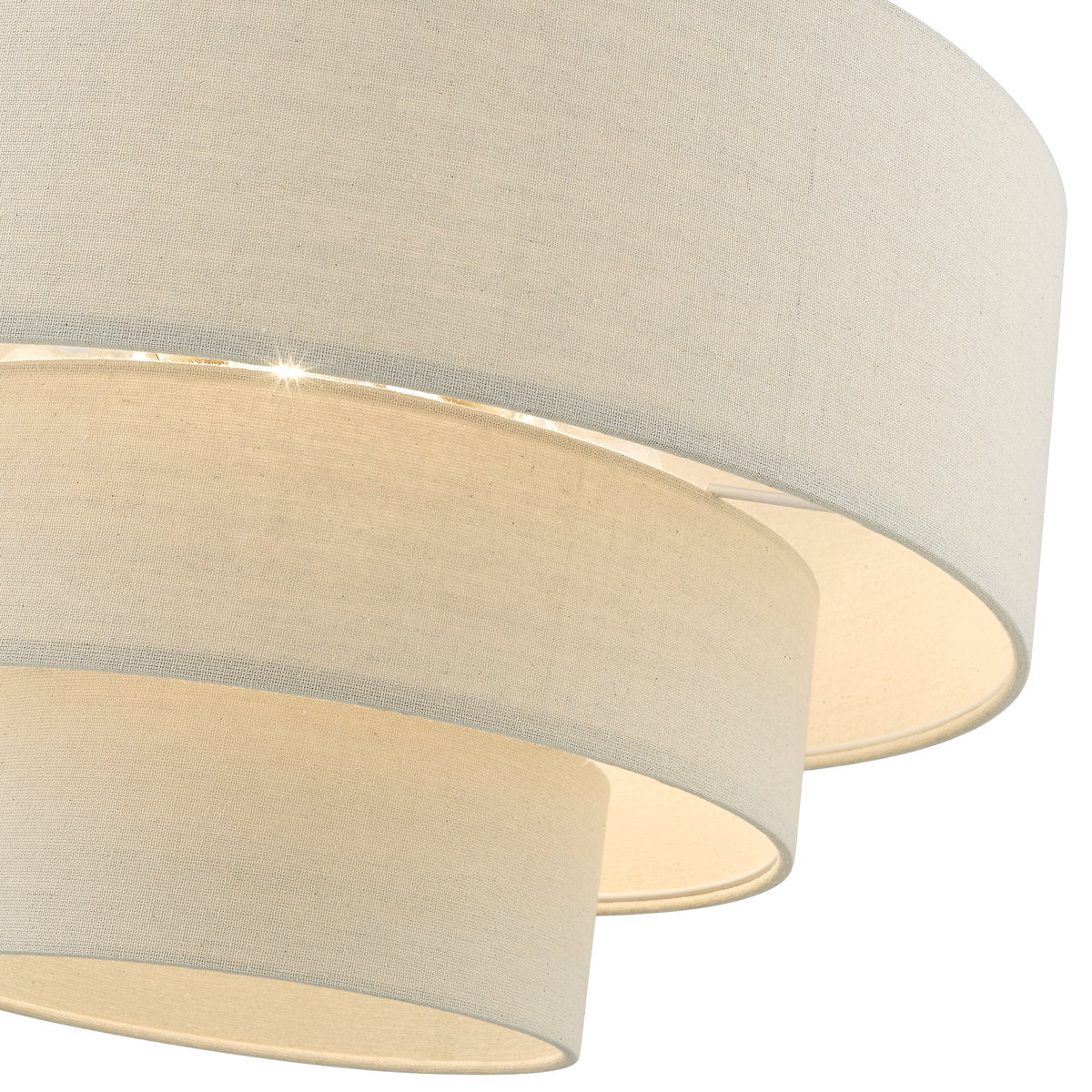 Dimmable 4-light drum chandelier with three beige fabric tiers and antique gold finish