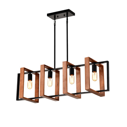 Rustic Wood and Black Metal Rectangle Chandelier — 4 Light — 36 Inch