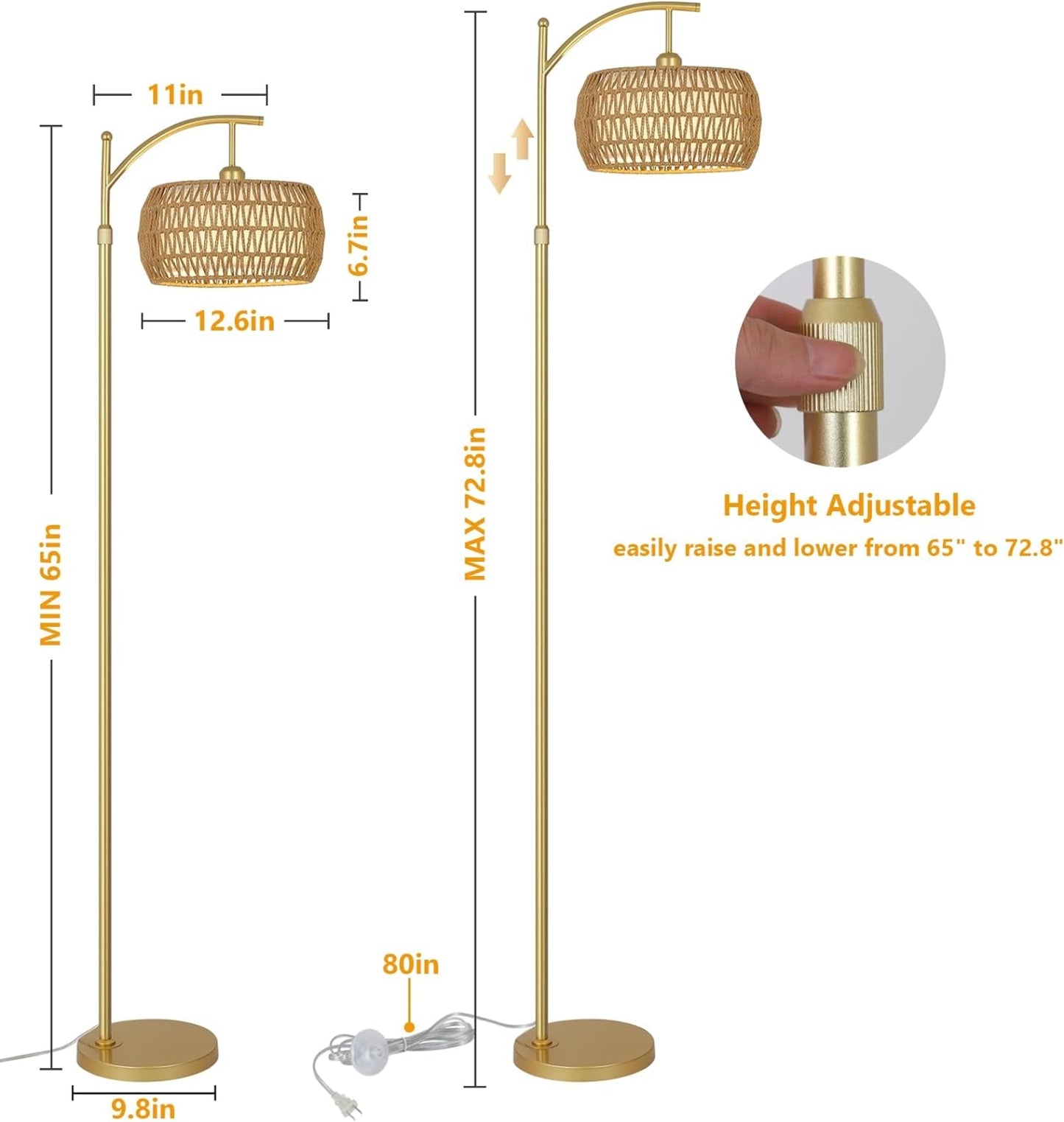 Gold Arc Rattan Drum Floor Lamp — Dimmable LED — Remote and App Control