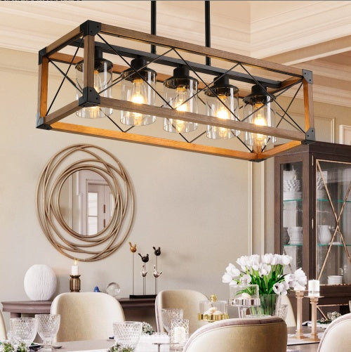 Walnut Industrial Farmhouse Chandelier — 5 Light — 32 Inch Rectangle Ceiling Light