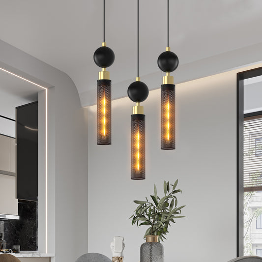 Matte Black Mesh Cylinder Pendant Light — Adjustable Cord — Set of 3