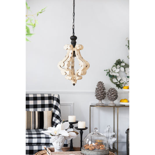 Antique Cream Farmhouse Wood Chandelier — French Country Rustic Ceiling Light