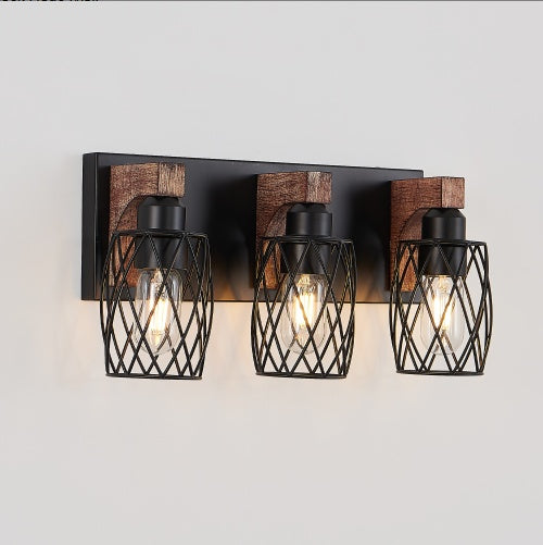 Walnut and Black Industrial Cage Wall Sconce — 3 Light — 18 Inch