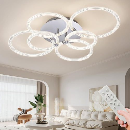 Chrome 6-Ring Acrylic LED Flush Mount Ceiling Light — Dimmable Remote — 30 Inch