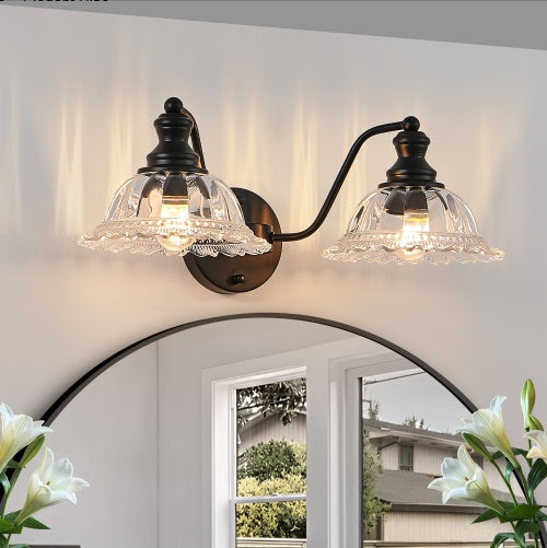 Black Vintage Glass Dome Vanity Wall Sconce — 2 Light — 20 Inch