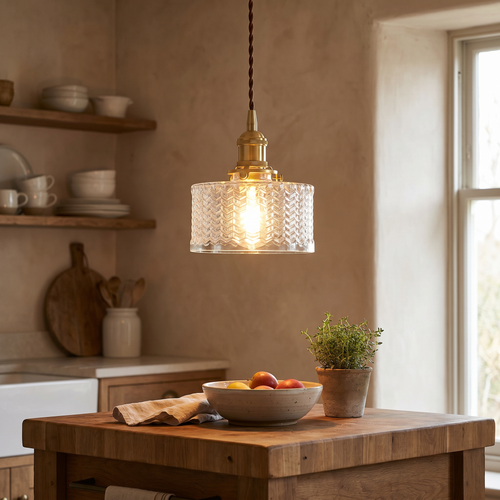 Glass Round Jar Pendant Light, Copper, E26, Clear or Green, Two Designs