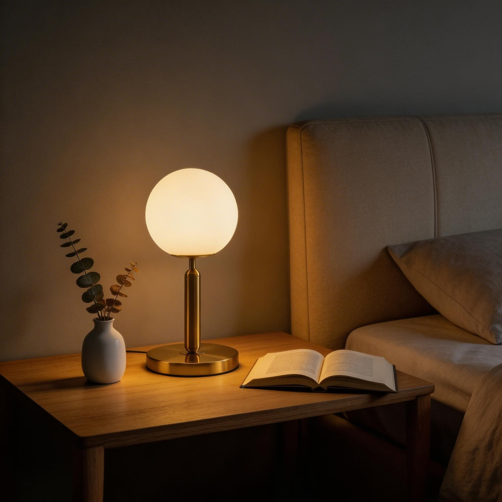 Dimmable Brass Globe Table Lamp with Frosted Glass Shade – Plug-In, Bulb Included