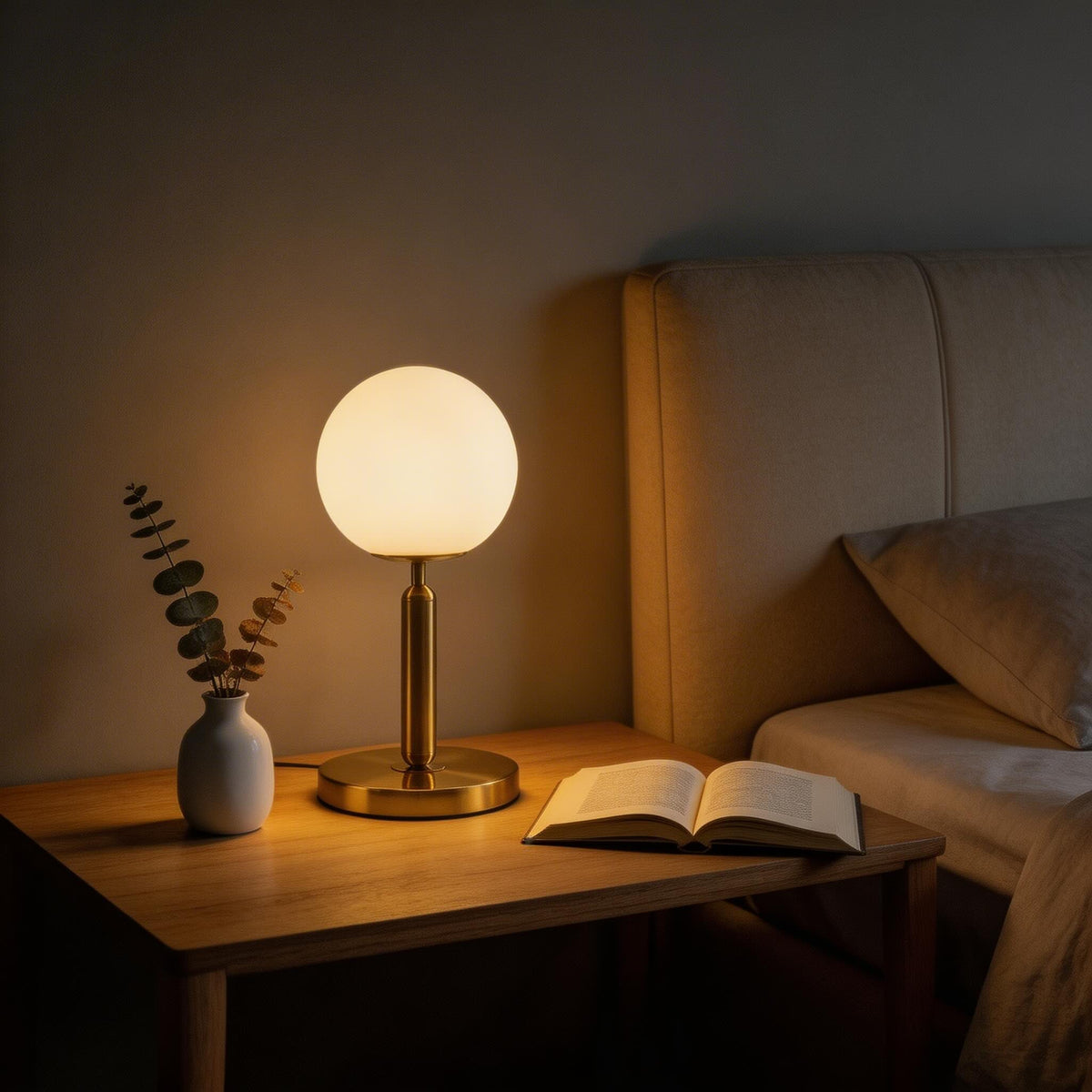 Dimmable Brass Globe Table Lamp with Frosted Glass Shade – Plug-In, Bulb Included