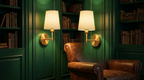 The sconce on a deep green panelled wall in a study, lit in the evening