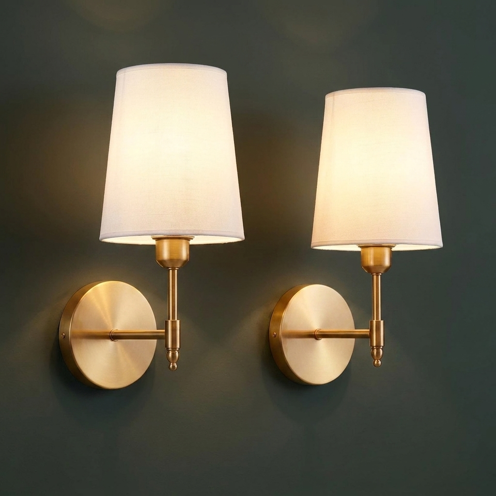 Fabric shade battery sconce in brushed brass on a deep charcoal green wall