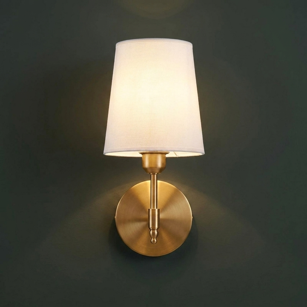 Single battery operated wall sconce in brushed brass with a white fabric shade, lit on a charcoal green wall