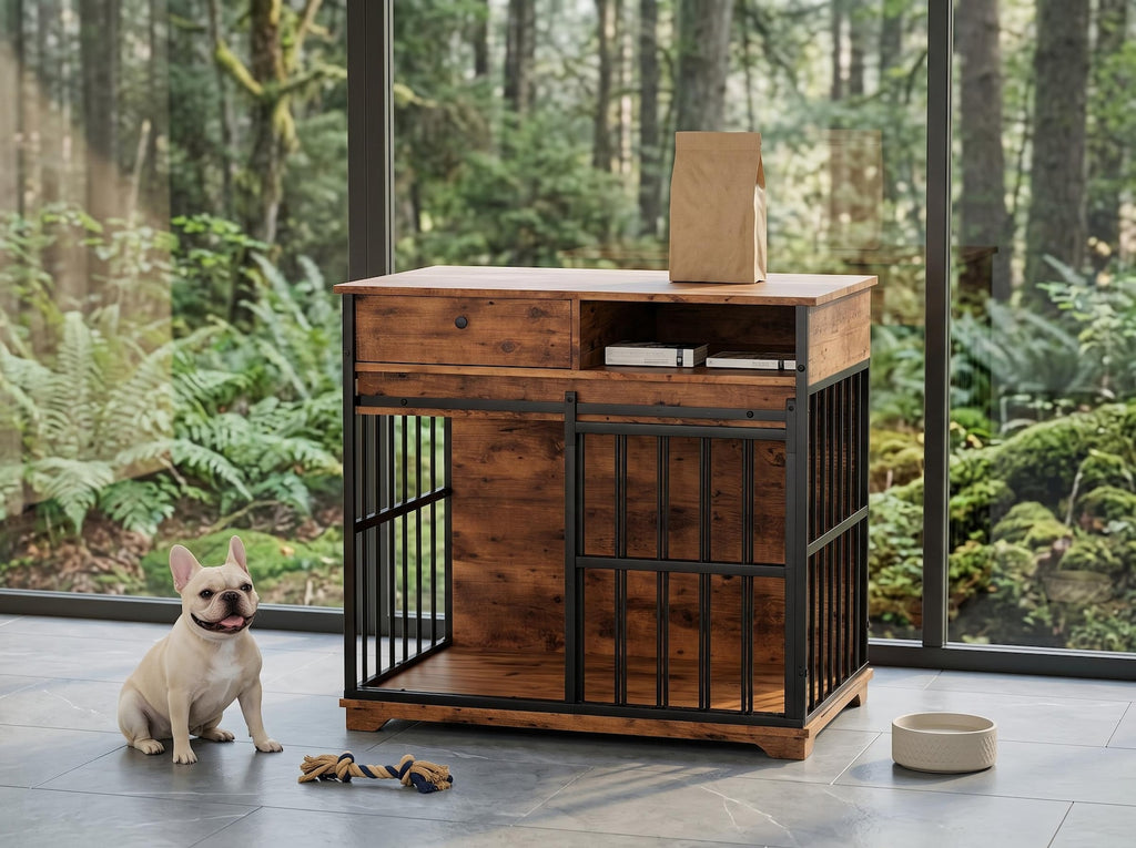 Dog Crate Furniture with Drawer & Shelf – 35 Inch Sliding Door Kennel for Small to Medium Dogs, Walnut