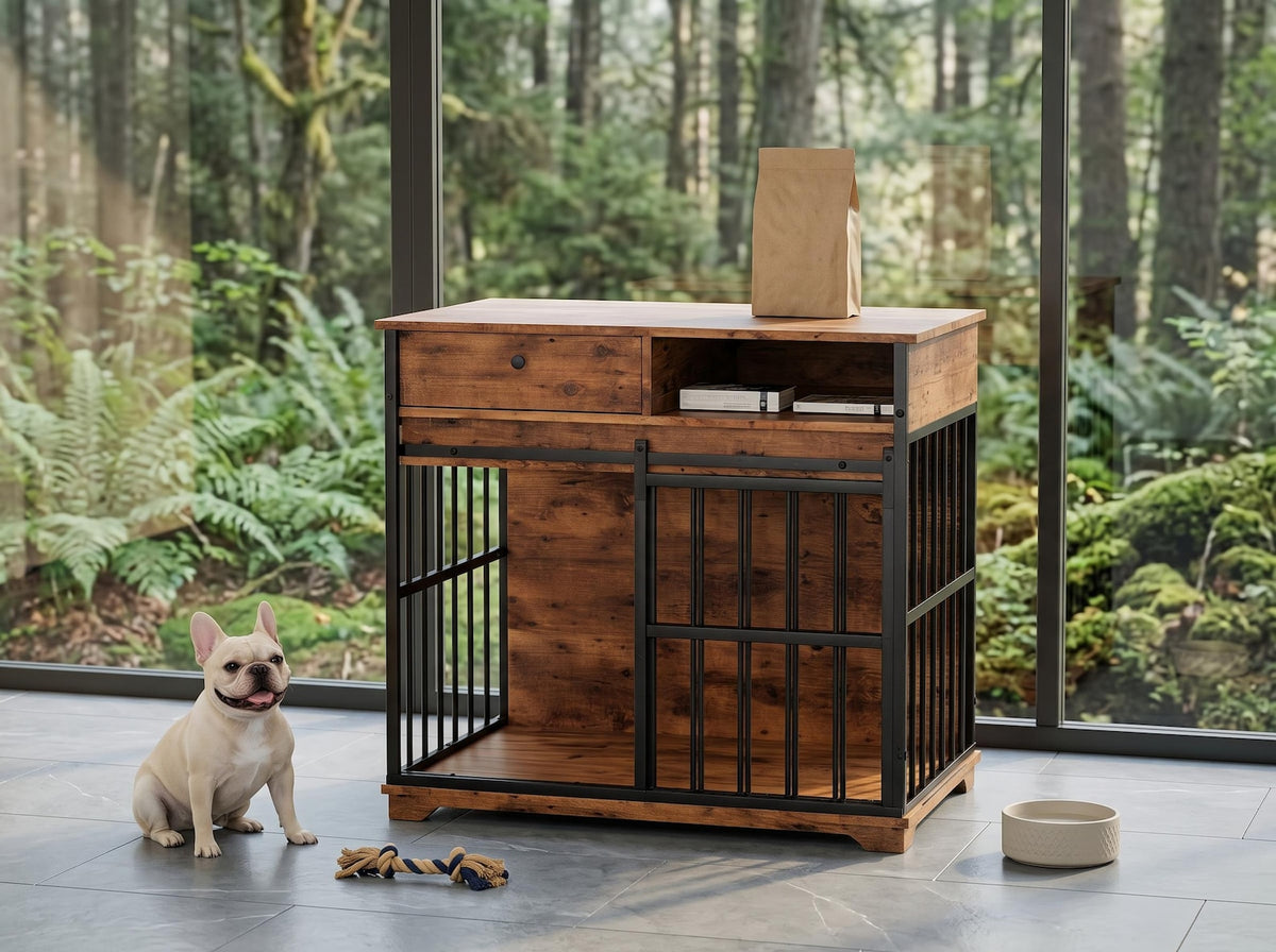 Dog Crate Furniture with Drawer & Shelf – 35 Inch Sliding Door Kennel for Small to Medium Dogs, Walnut