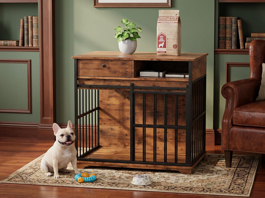 Dog Crate Furniture with Drawer & Shelf – 35 Inch Sliding Door Kennel for Small to Medium Dogs, Walnut