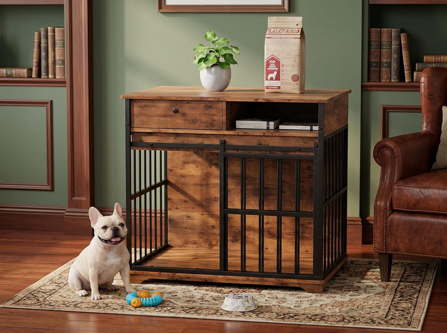 Dimension drawing of the dog crate furniture, 35.43 by 23.22 by 35.58 inches