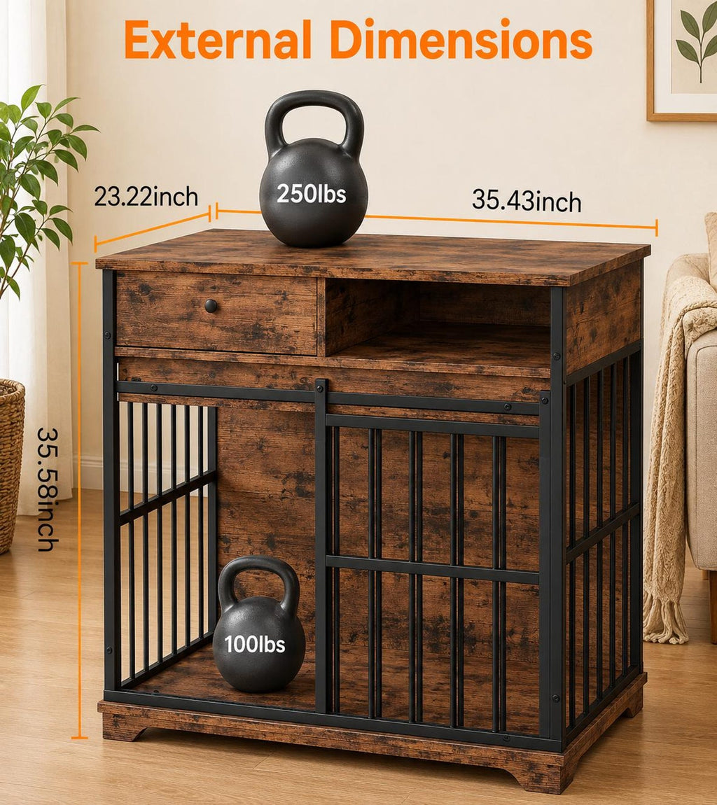 Dog Crate Furniture with Drawer & Shelf – 35 Inch Sliding Door Kennel for Small to Medium Dogs, Walnut