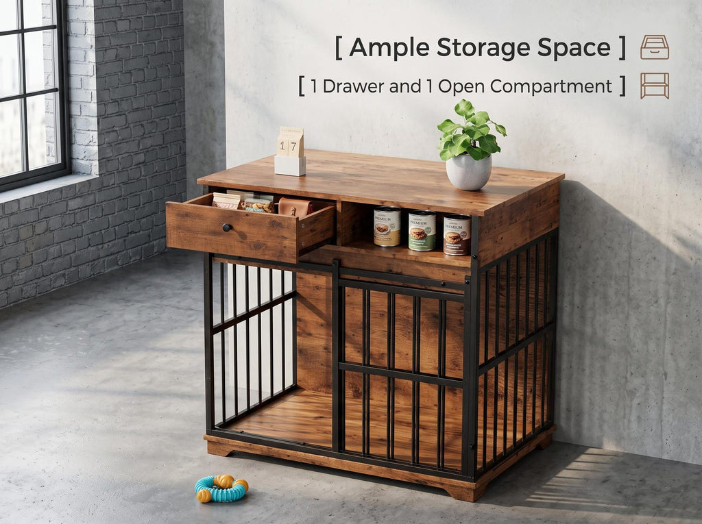 Dog Crate Furniture with Drawer & Shelf – 35 Inch Sliding Door Kennel for Small to Medium Dogs, Walnut