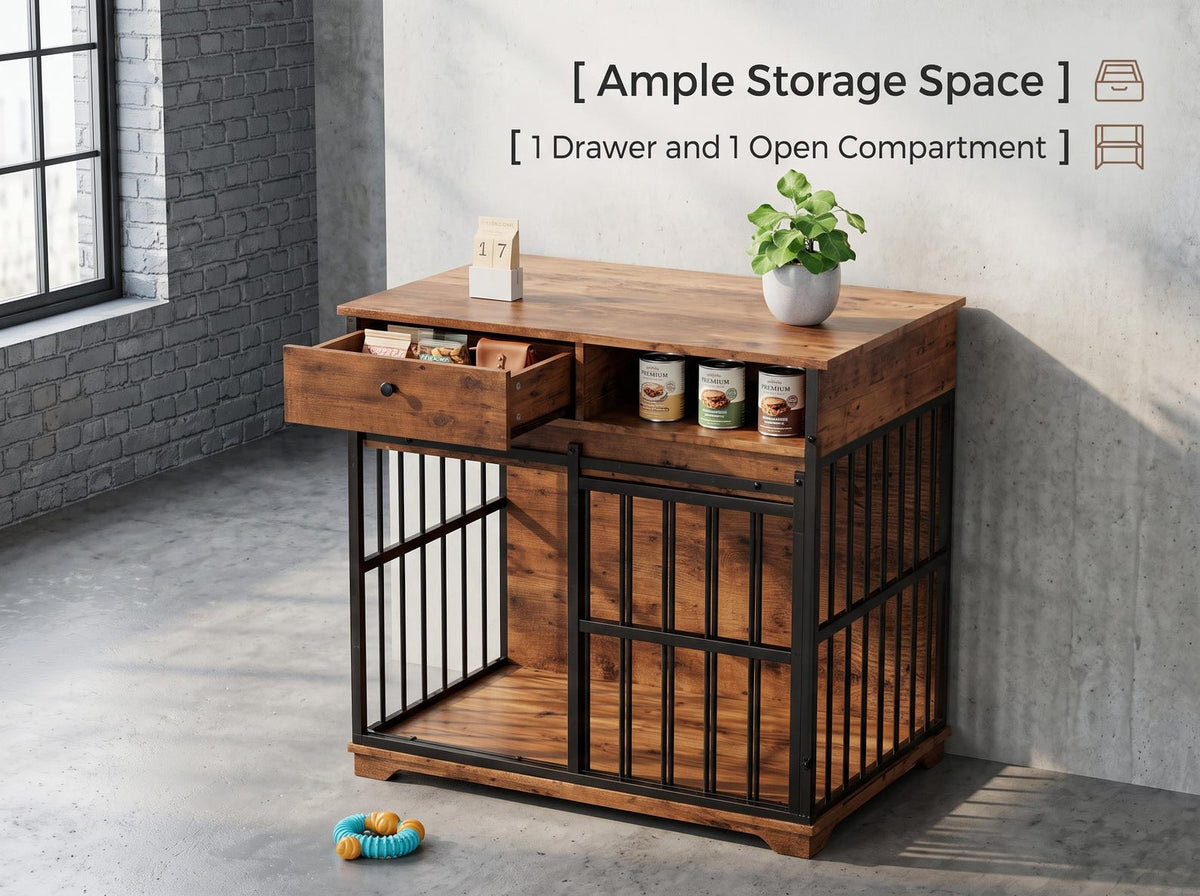 Dog Crate Furniture with Drawer & Shelf – 35 Inch Sliding Door Kennel for Small to Medium Dogs, Walnut