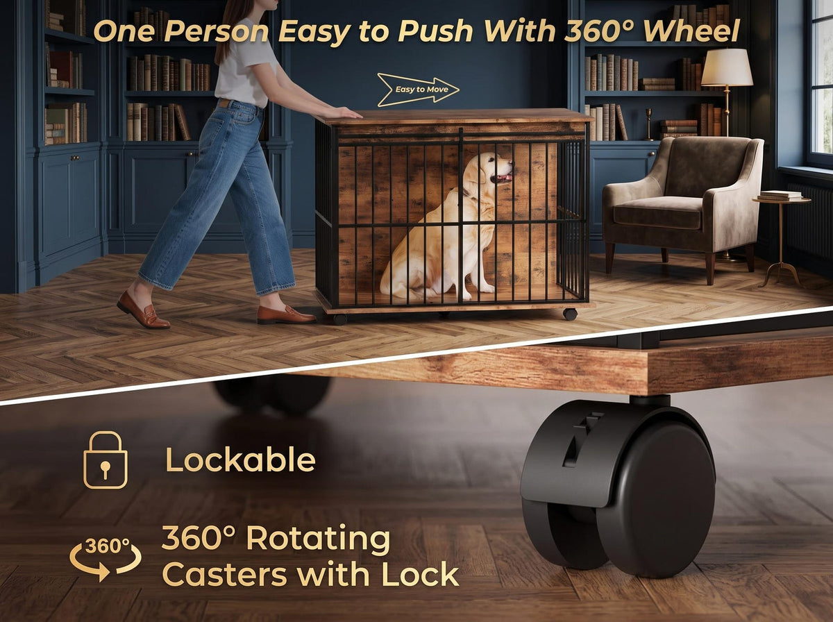 Dog Crate Furniture with Drawer & Shelf – 35 Inch Sliding Door Kennel for Small to Medium Dogs, Walnut