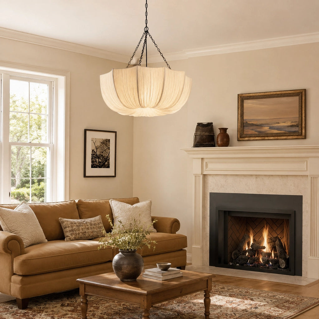 Parasol white pleated fabric pendant light in a living room