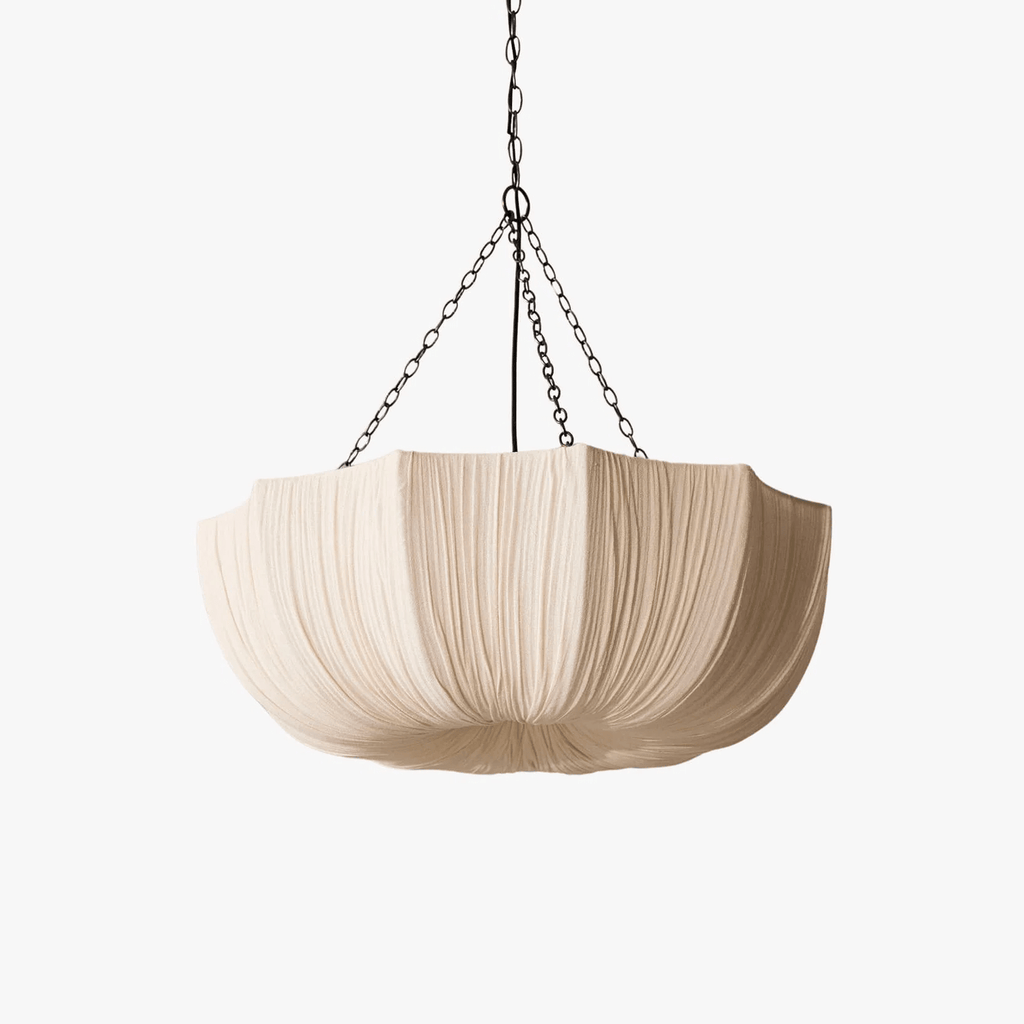Parasol scalloped pleated fabric pendant light with white shade and black chain