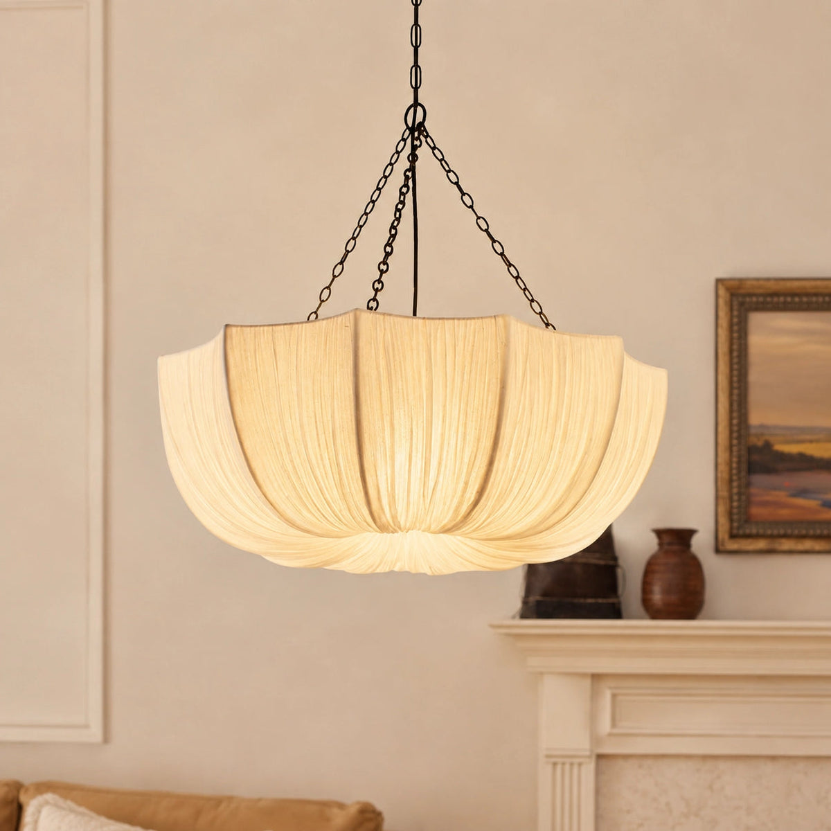 Parasol 6-light fabric pendant light, white pleated shade on three black chains – view 2
