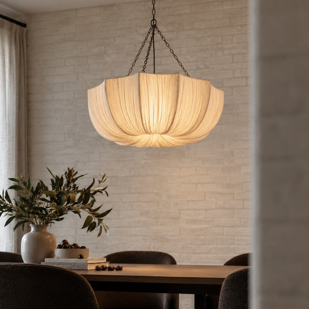 Parasol umbrella-shape fabric pendant light with scalloped edge – view 3
