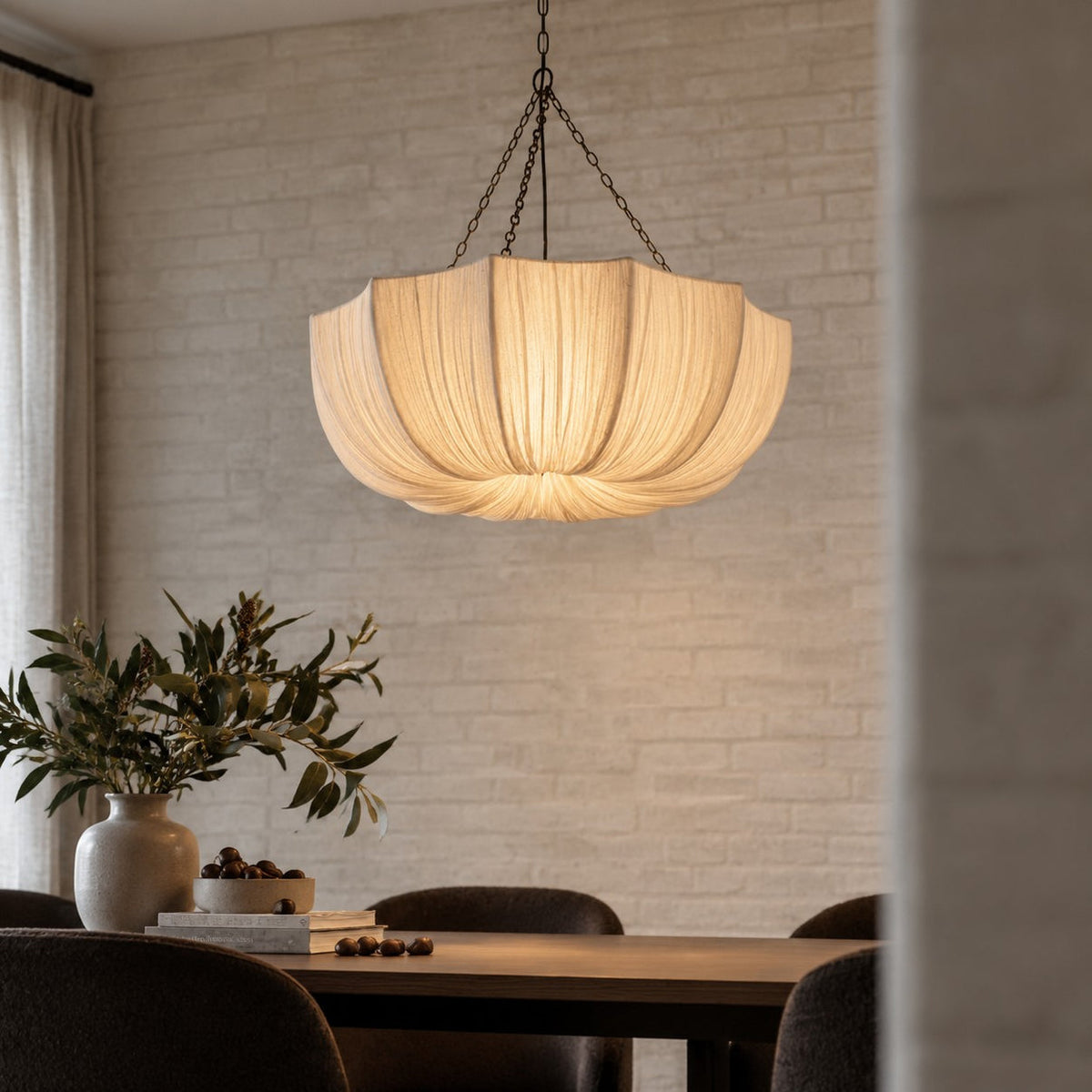 Parasol umbrella-shape fabric pendant light with scalloped edge – view 3