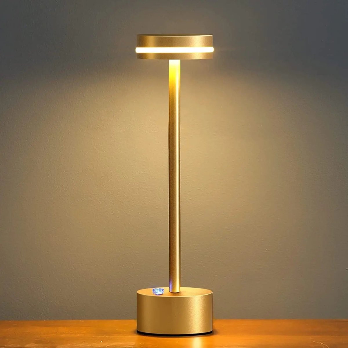 Portable cordless table lamp with aluminum body and round shade for camping and outdoor use – view 01 of 8