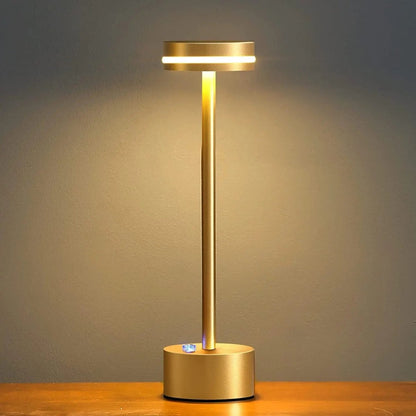 Portable cordless table lamp with aluminum body and round shade for camping and outdoor use – view 01 of 8