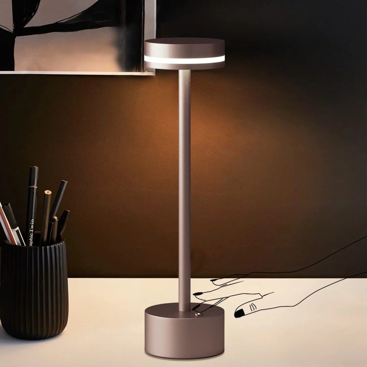 Portable cordless table lamp with aluminum body and round shade for camping and outdoor use – view 02 of 8